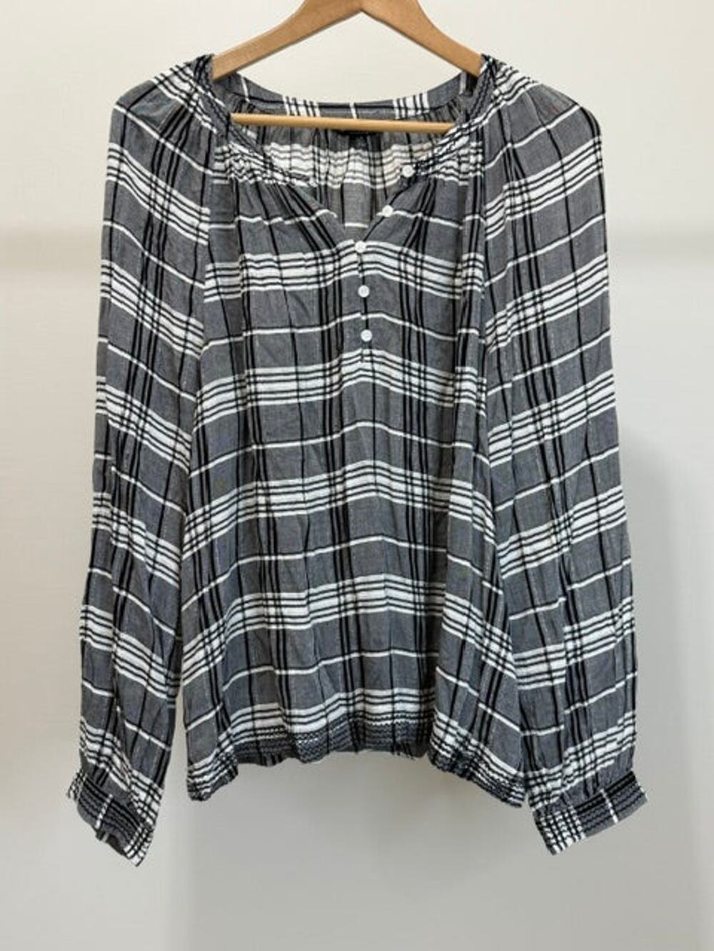 Lucky Brand Black & White Plaid Embroidered Henley Blouse SzL